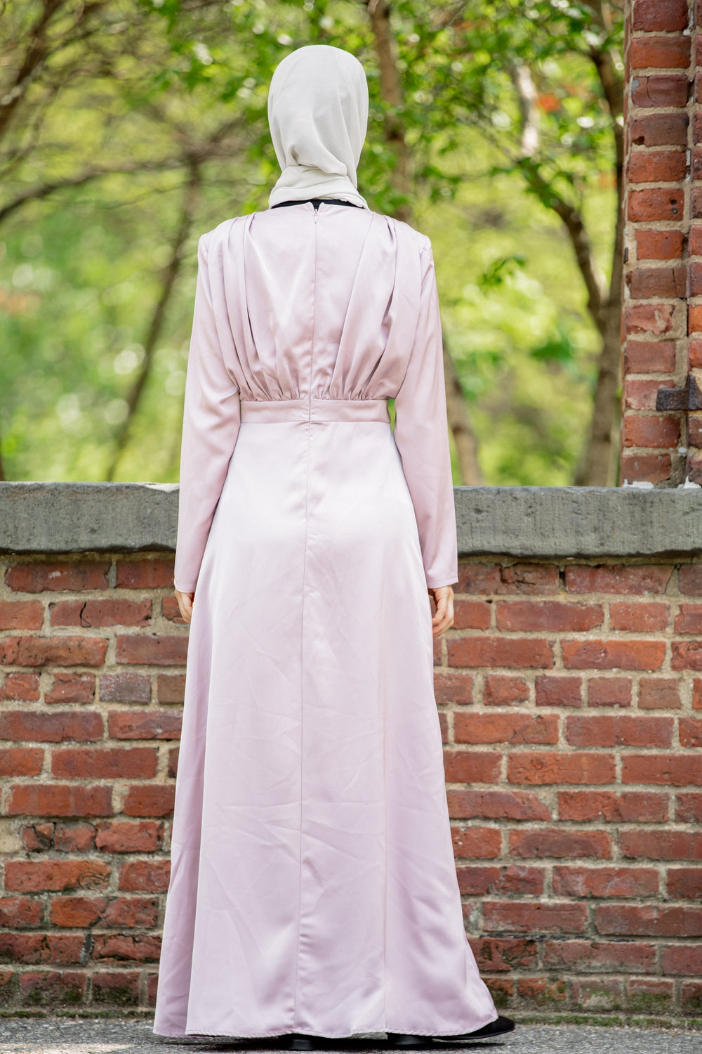 Light purple satin pleated maxi dress with long sleeves and matching hijab on clearance