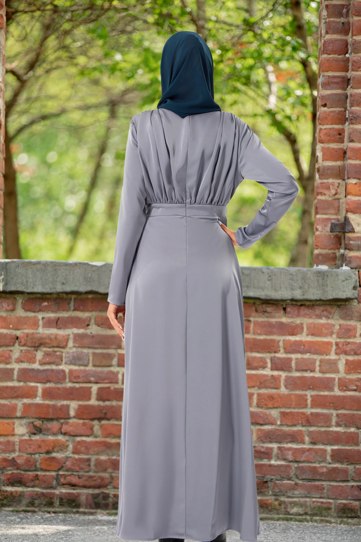 Gray Satin Pleated Maxi Dress with Dark Blue Hijab - Clearance Sale Item