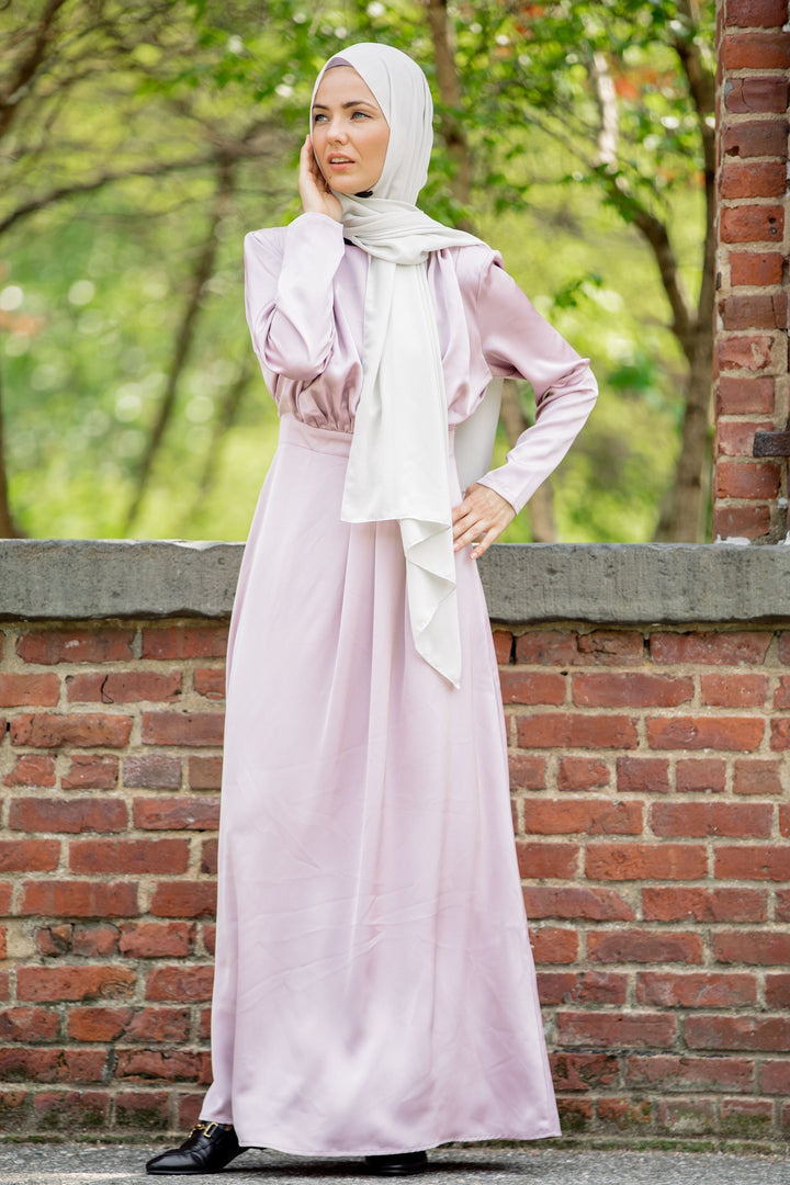 Elegant Satin Pleated Maxi Dress with Hijab showcased in clearance sale