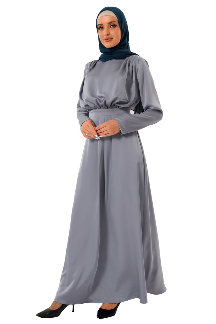 Elegant Gray Satin Pleated Maxi Dress with Hijab for Modest Fashion Clearance