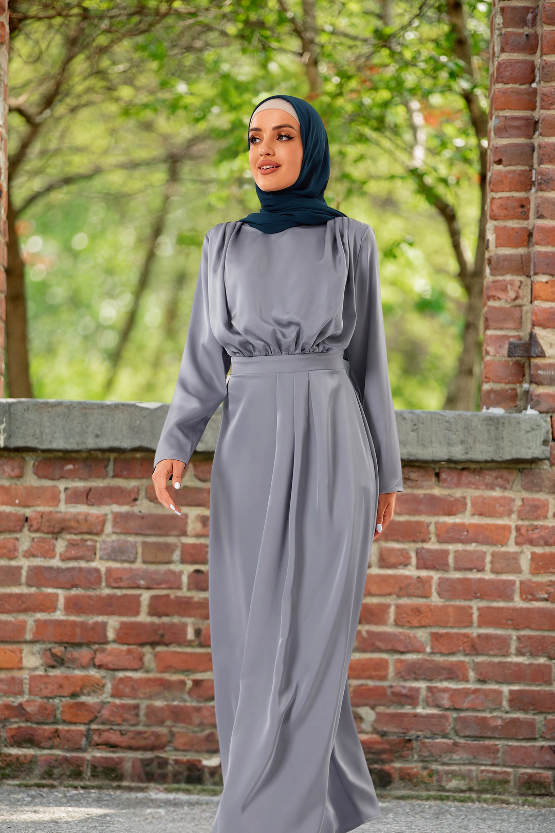 Elegant gray satin pleated maxi dress on clearance showcasing timeless modest style