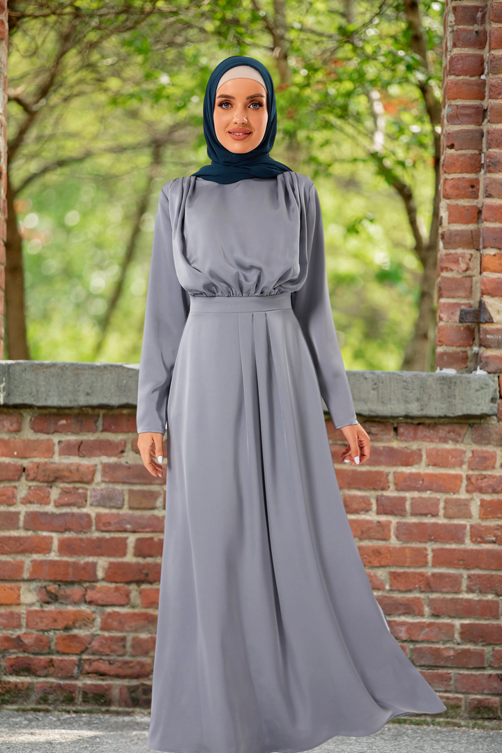 Elegant gray satin pleated maxi dress with hijab, perfect for modest fashion