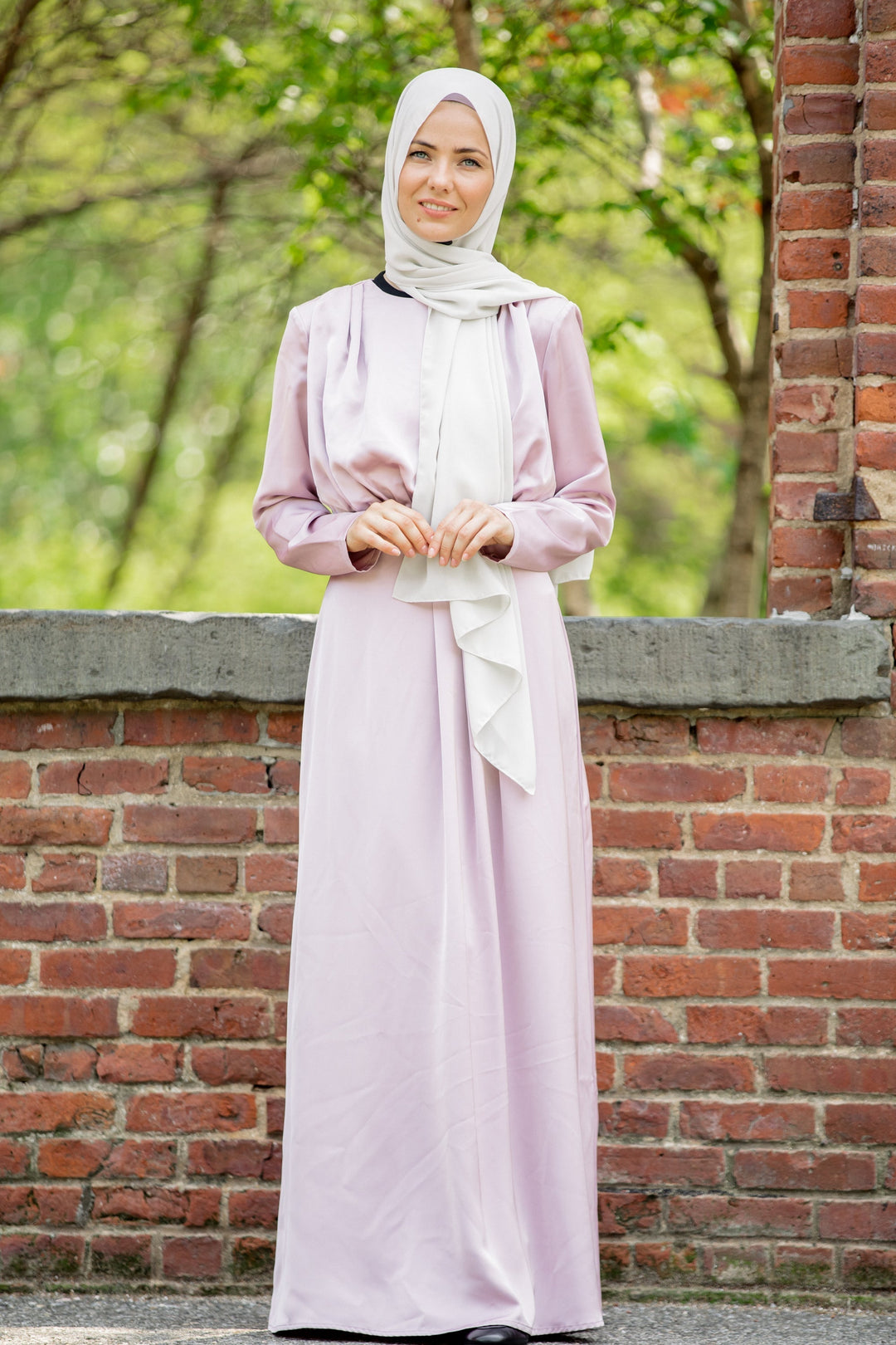 Elegant Satin Pleated Maxi Dress with Hijab showcasing modest style and grace