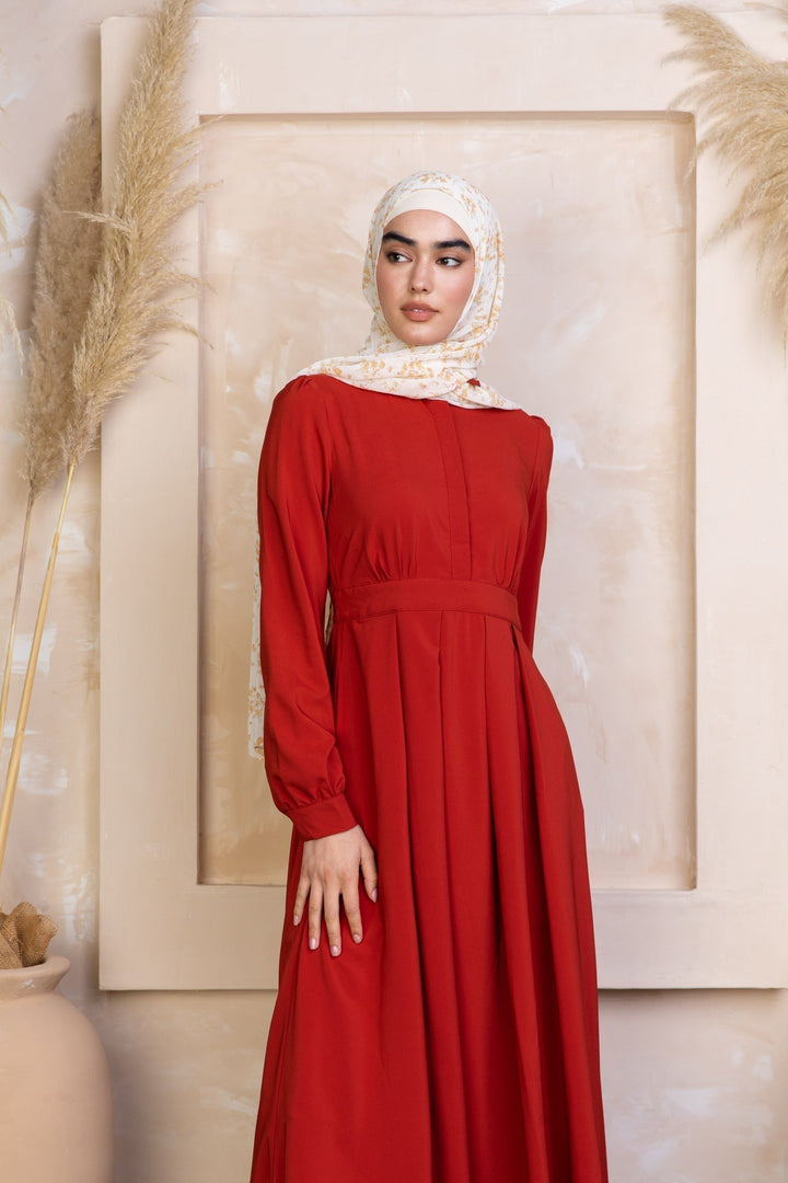 Red long-sleeved modest Scarlett Lattice Abaya Maxi Dress with zipper closure