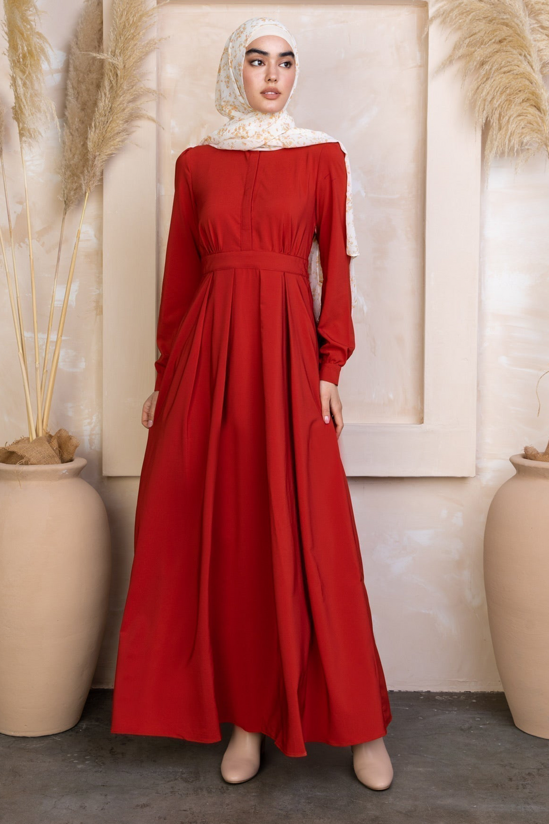 Red long-sleeved Scarlett Lattice Abaya Maxi Dress with zipper closure for modest fashion