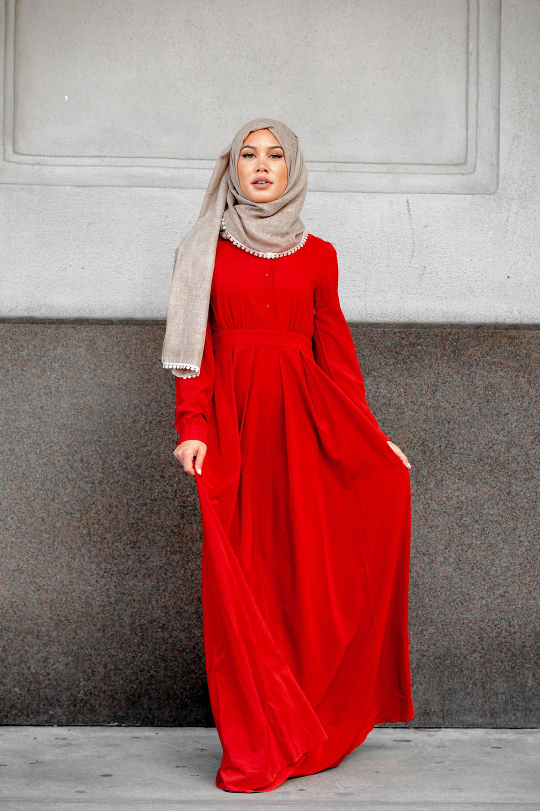 Red long-sleeved Scarlett Lattice Abaya Maxi Dress with hijab and zipper closure