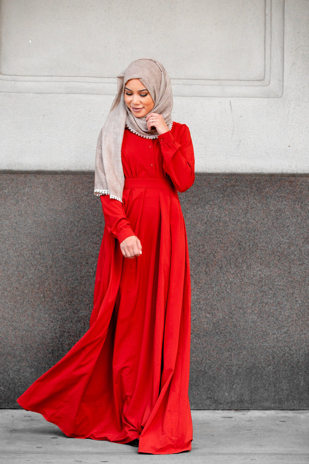 Long-sleeved red Scarlett Lattice Abaya Maxi Dress with zipper closure and hijab