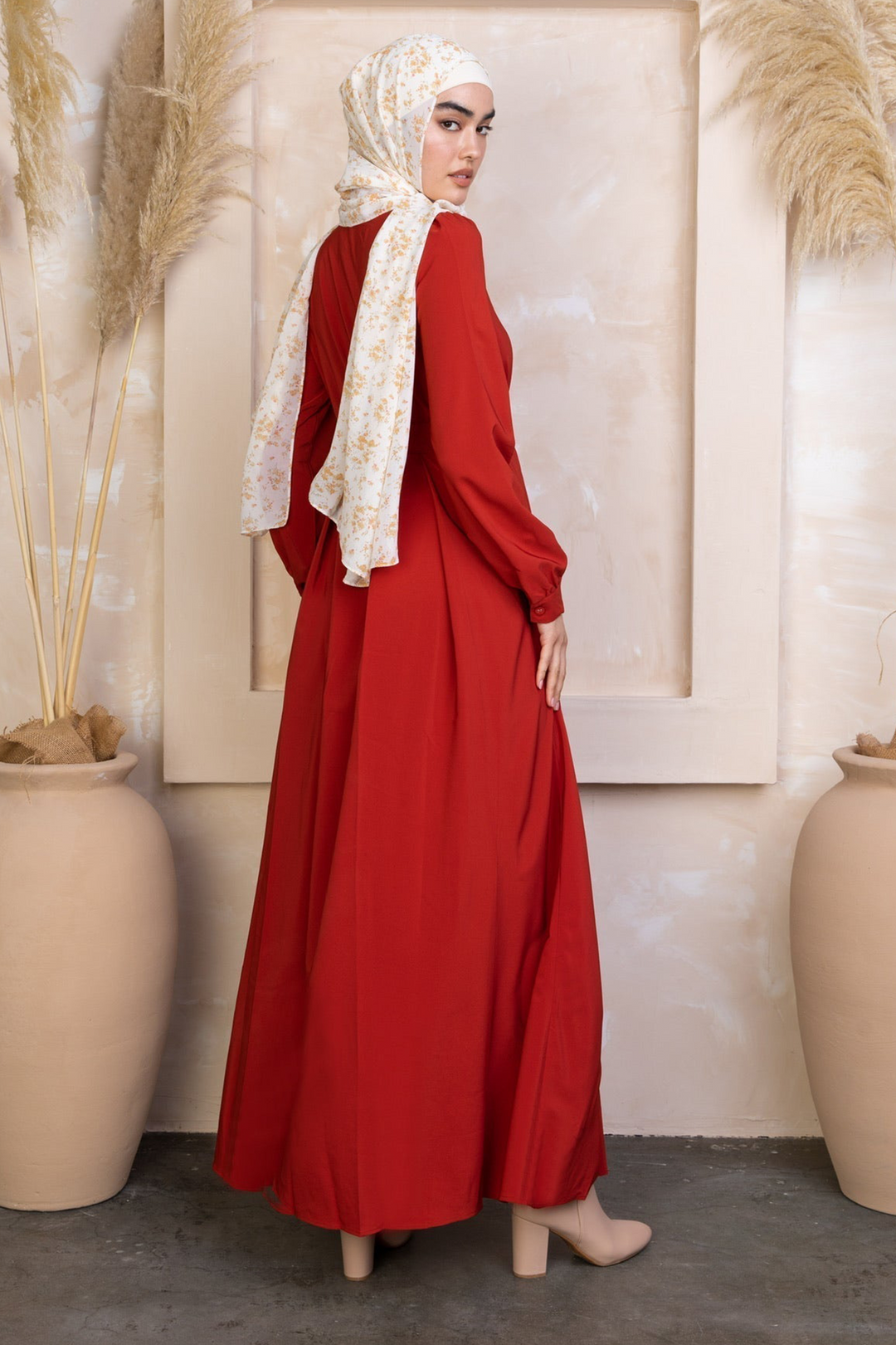 Scarlett Lattice Abaya Maxi Dress with zipper closure and red modest design and headscarf