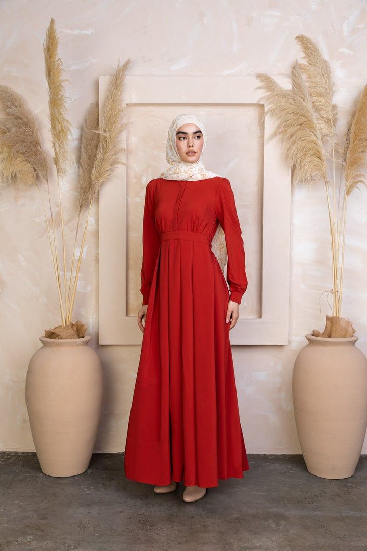 Long-sleeved red modest Scarlett Lattice Abaya Maxi Dress with zipper closure