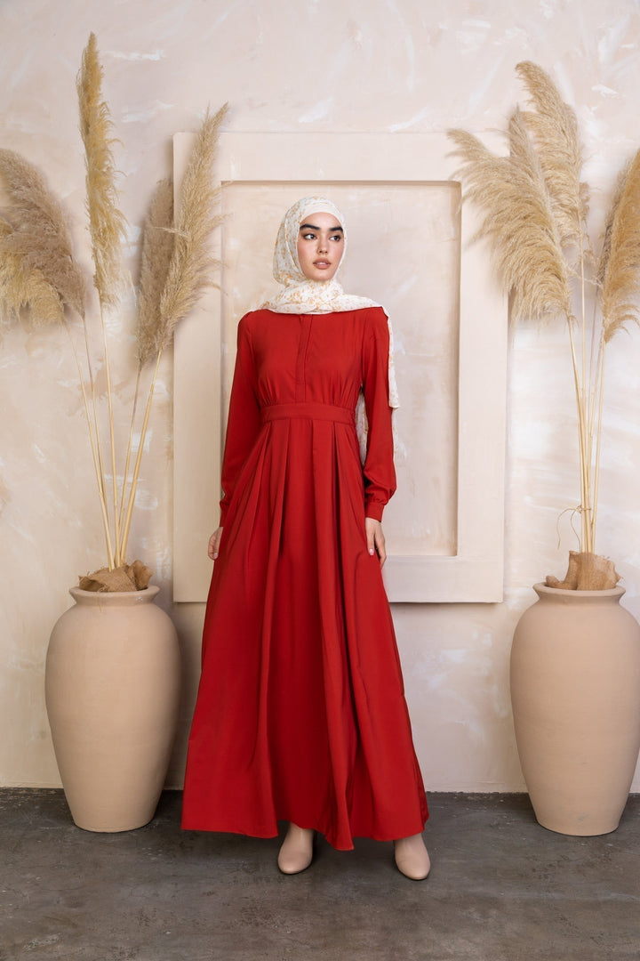 Red long-sleeved Scarlett Lattice Abaya Maxi Dress with zipper closure for modest style