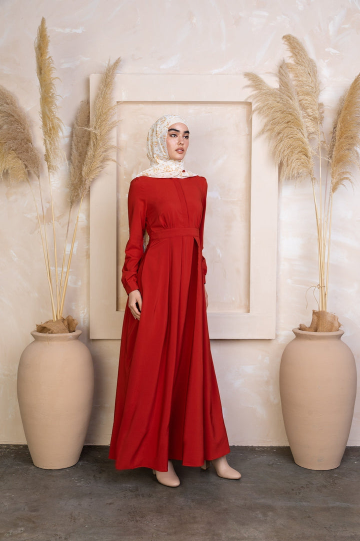 Red long-sleeved modest Scarlett Lattice Abaya Maxi Dress with zipper closure