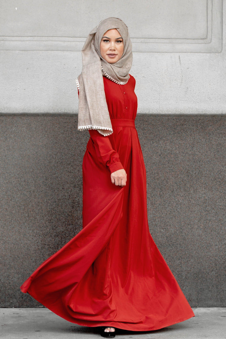 Red modest Scarlett Lattice Abaya Maxi Dress with hijab featuring a zipper closure