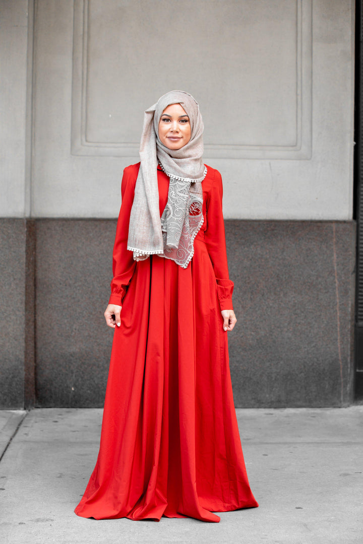 Red long-sleeved Scarlett Lattice Abaya Maxi Dress with zipper closure and hijab