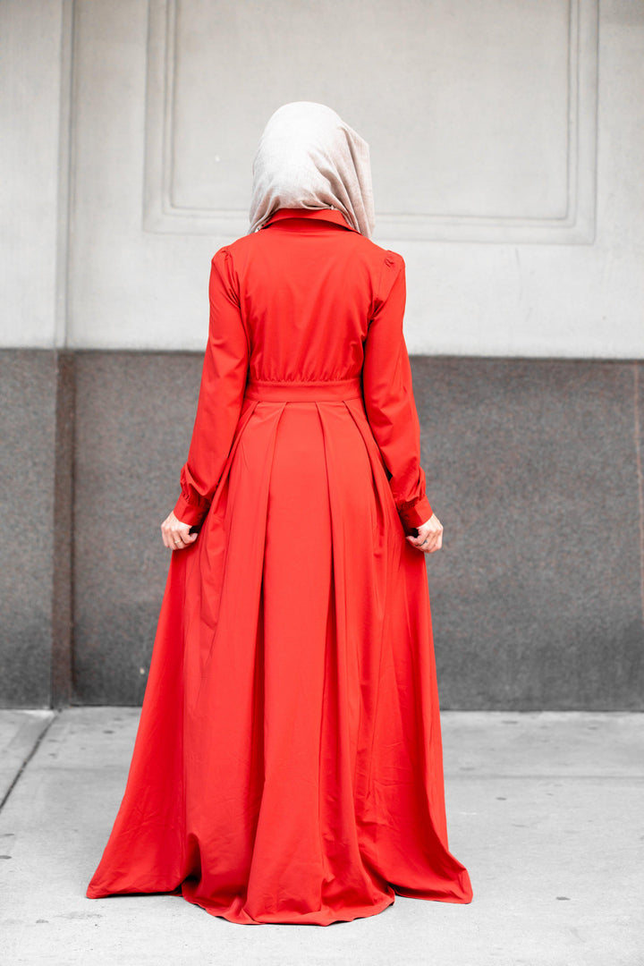 Red modest dress with hijab featuring zipper closure, Scarlett Lattice Abaya Maxi Dress