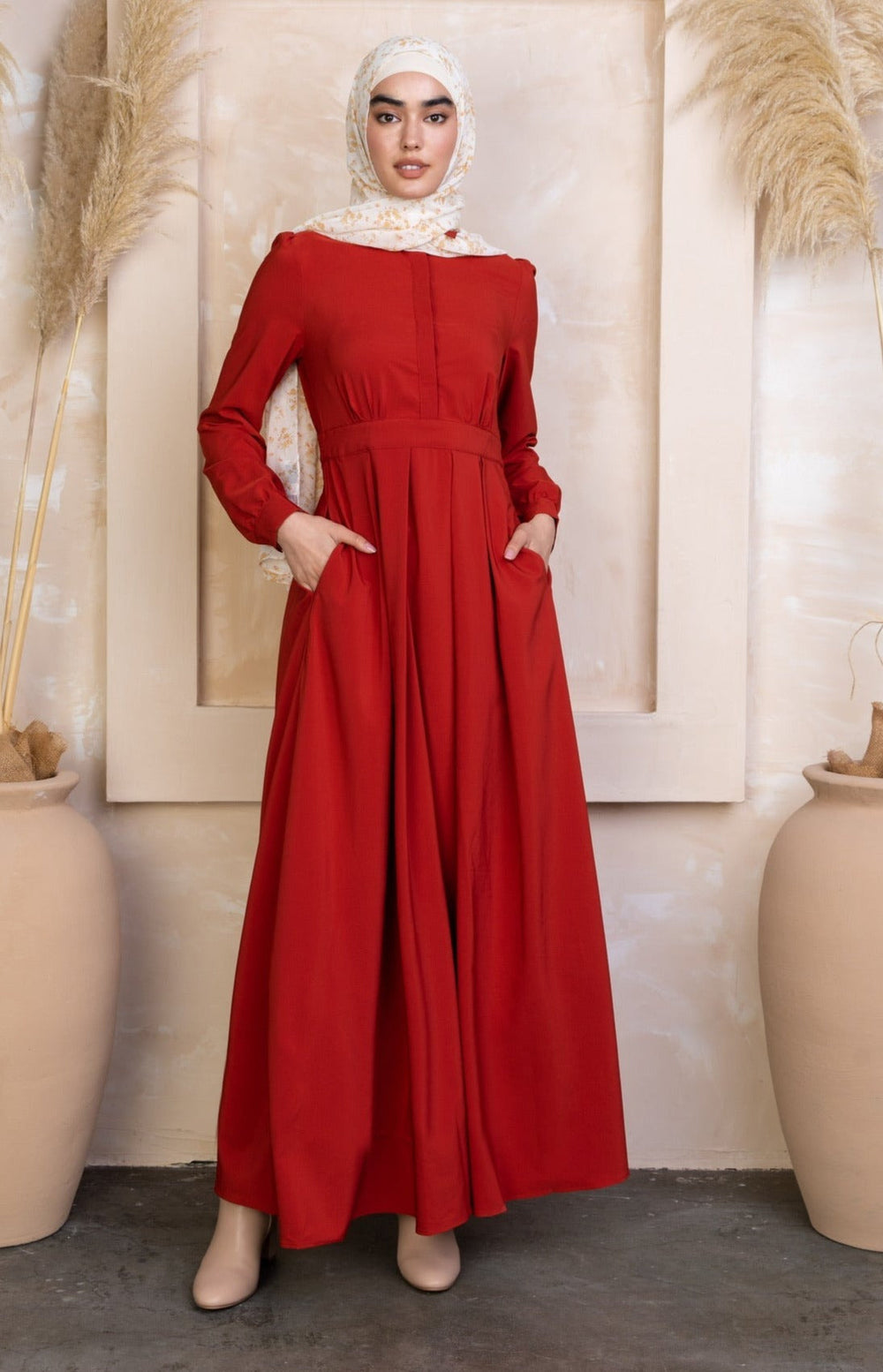 Red long-sleeved modest dress with zipper closure - Scarlett Lattice Abaya Maxi Dress