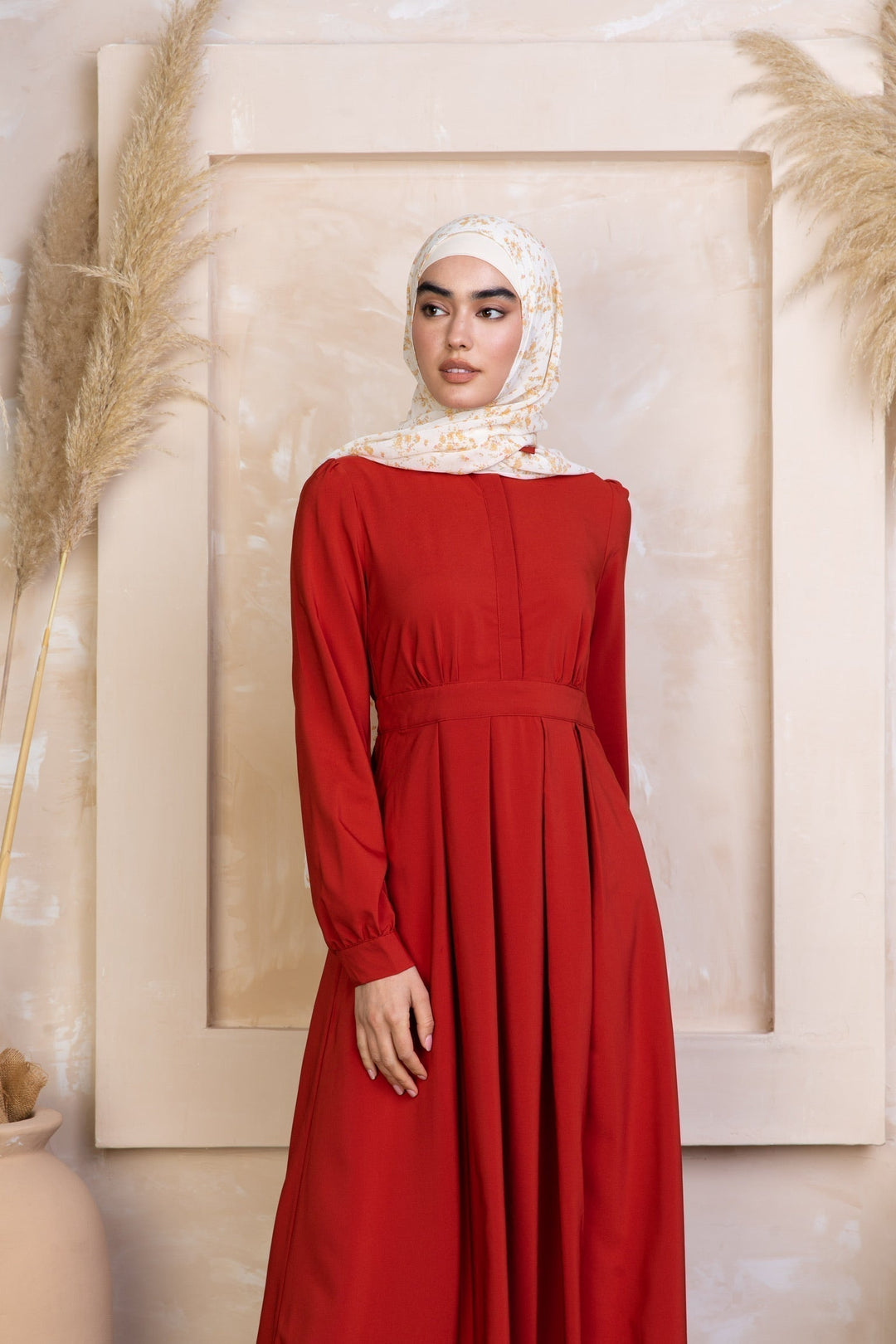 Red long-sleeved Scarlett Lattice Abaya Maxi Dress with zipper closure for modest style