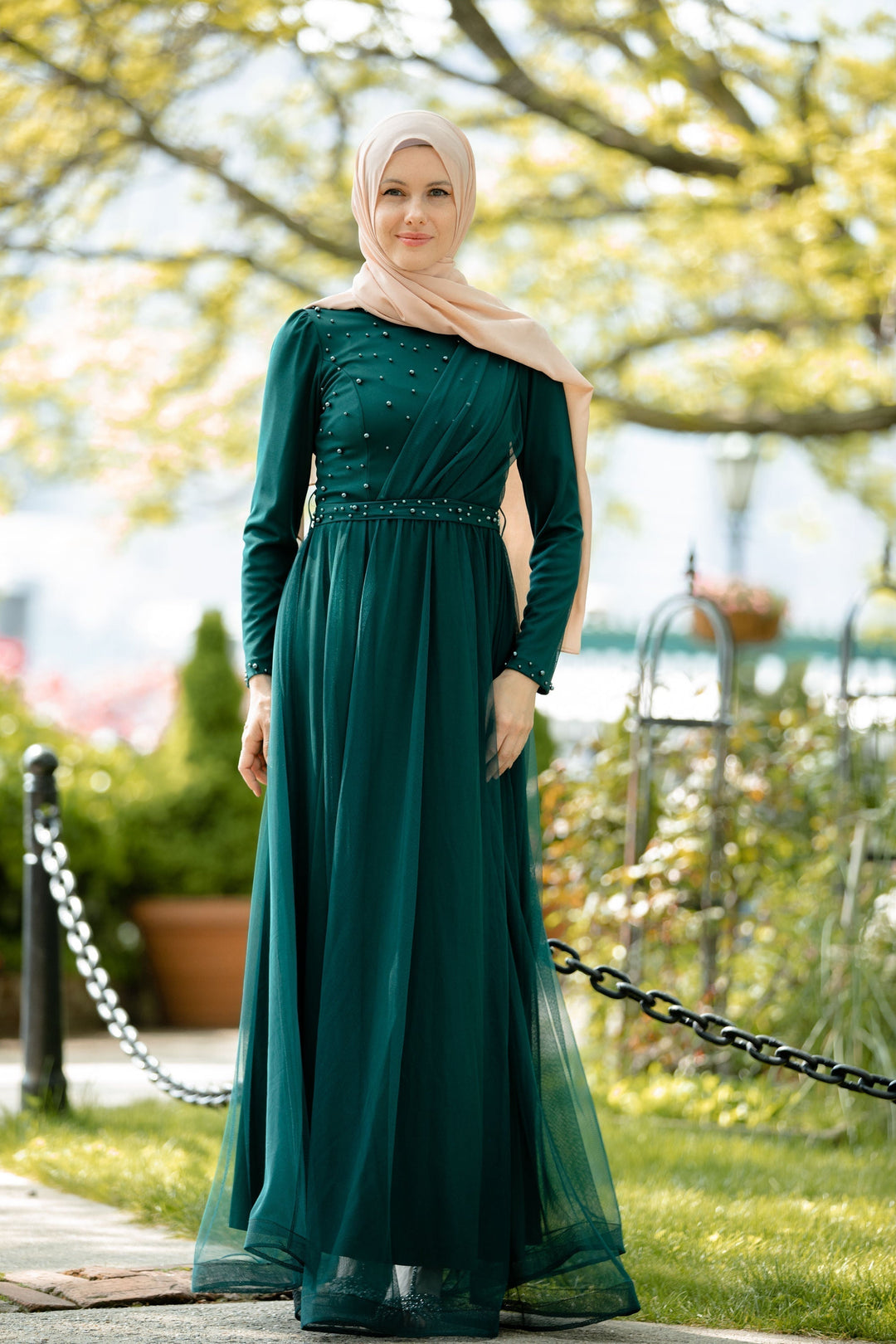 Elegant emerald green modest Side Pearl Gown maxi dress with stunning design