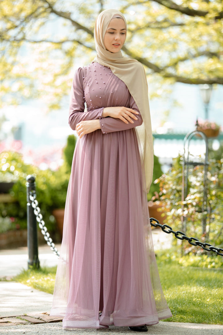 Elegant mauve pearl gown with hijab, perfect as a maxi dress for special occasions