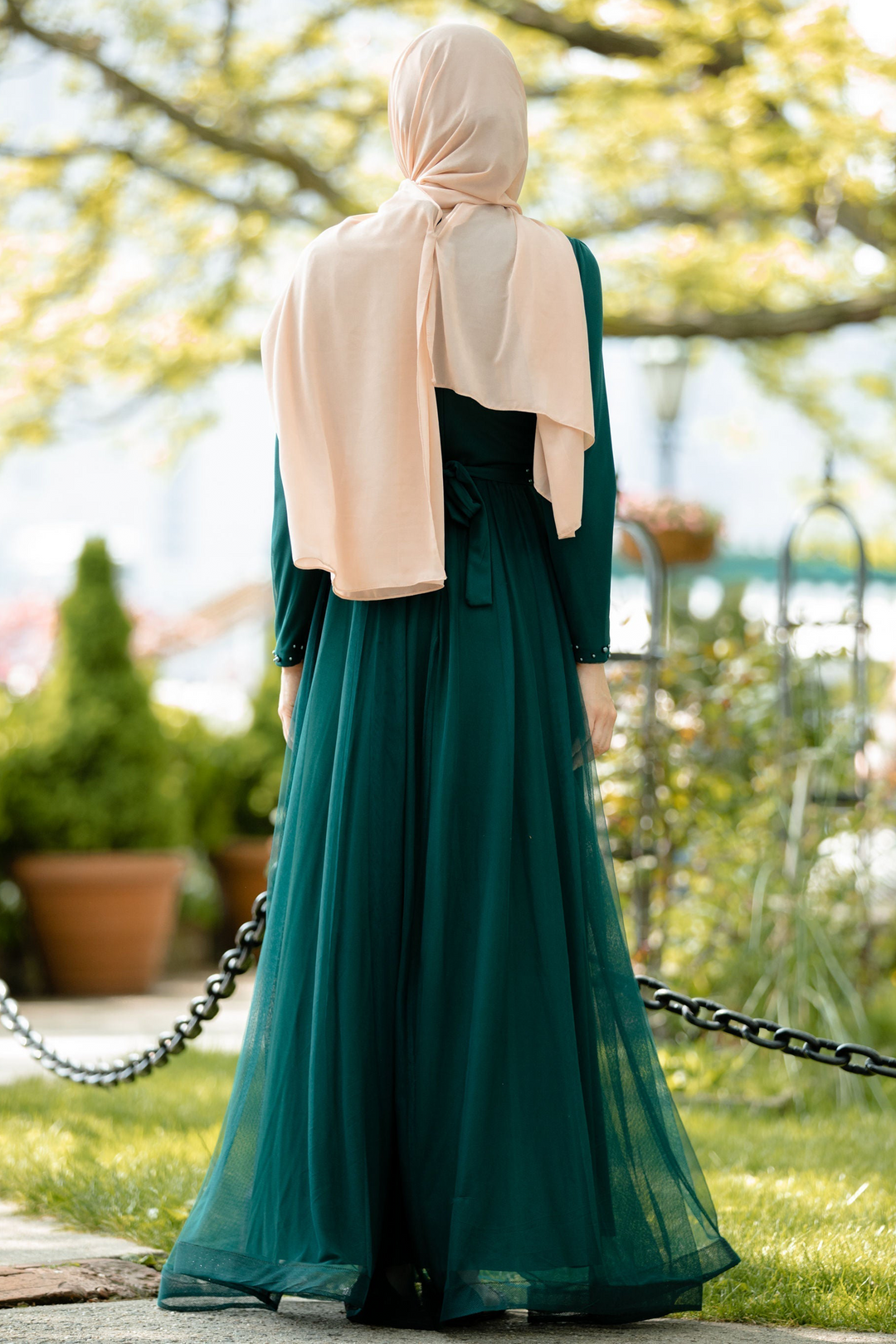 Emerald green modest dress with hijab styled as a Pearl Gown maxi dress