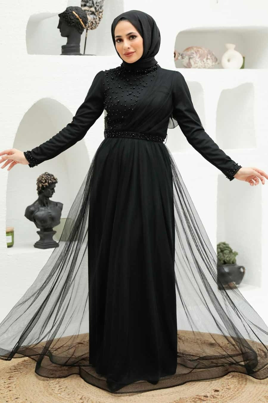 Black beaded and tulle modest dress from the Side Pearl Gown collection, perfect maxi dress