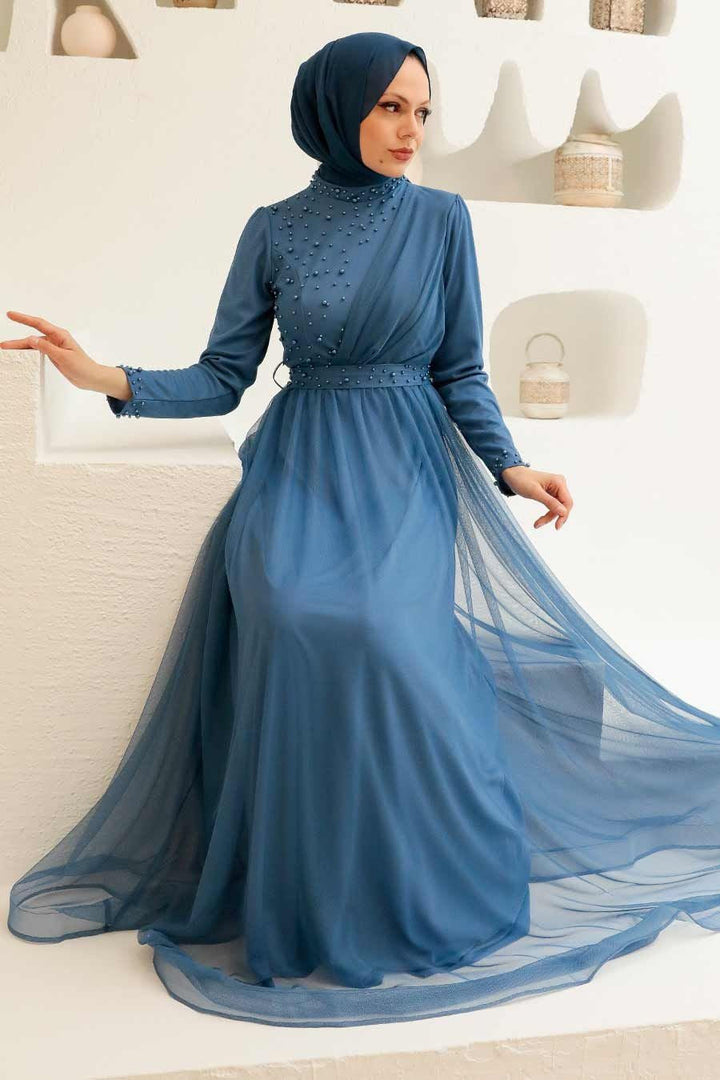 Blue beaded modest dress featuring a Side Pearl Gown design perfect for elegant occasions