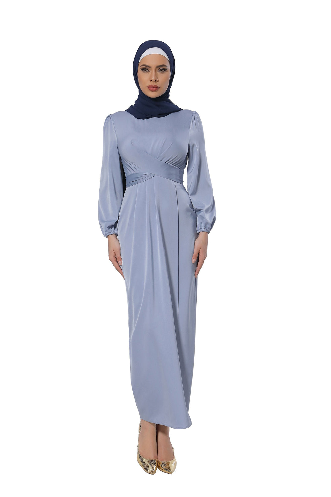 Light blue modest long sleeve dress from Silver Criss Cross Satin Faux Wrap Maxi Dress