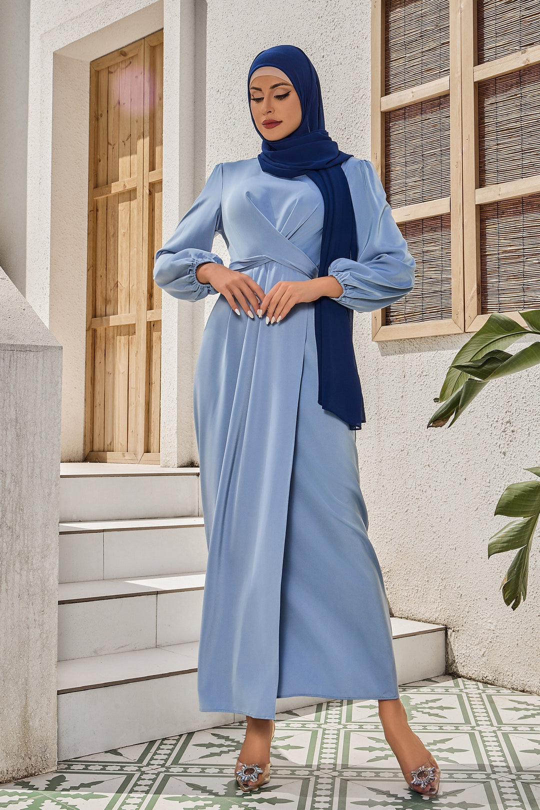 Light blue modest Silver Criss Cross Satin Faux Wrap Maxi Dress with navy hijab