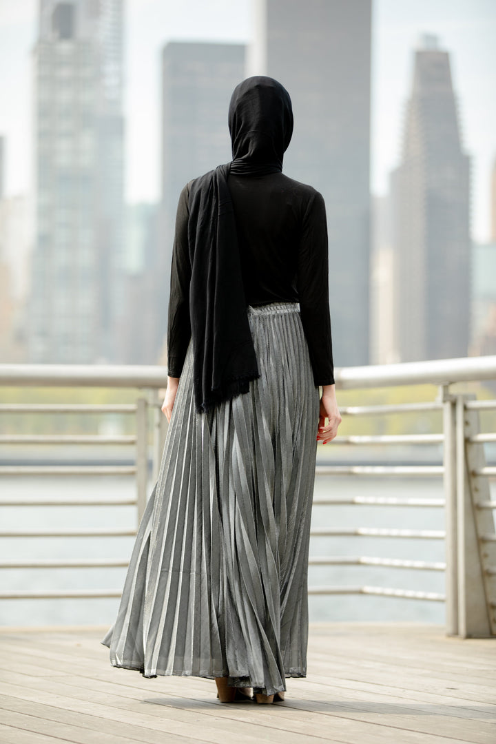 Silver Metallic Pleated Chiffon Maxi Skirt-CLEARANCE