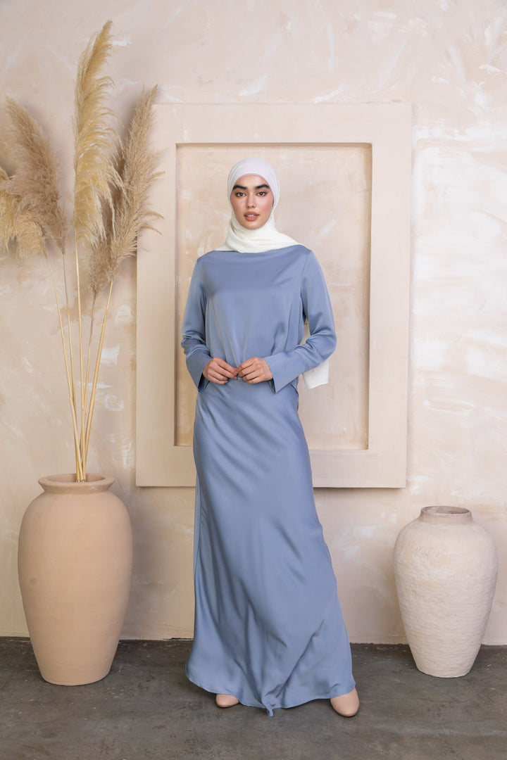 Sky Blue Satin Long Sleeve Skirt Set-PREORDER