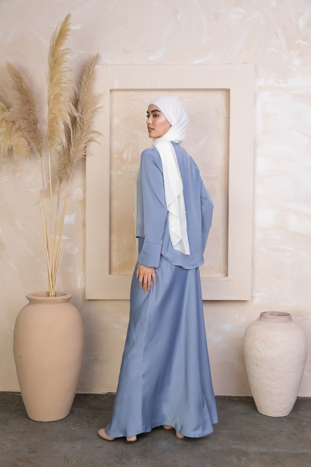 Sky Blue Satin Long Sleeve Skirt Set-PREORDER