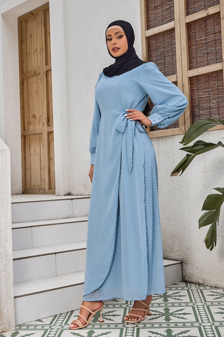 Light blue wrap bell sleeve maxi dress with hijab for stylish modest wear clearance