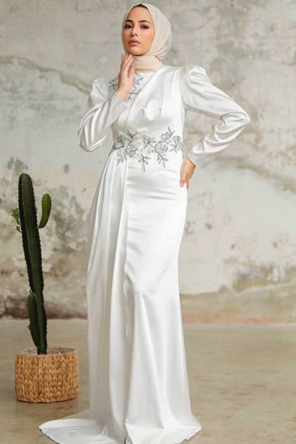 Elegant white satin modest dress with puff sleeves and side draping design