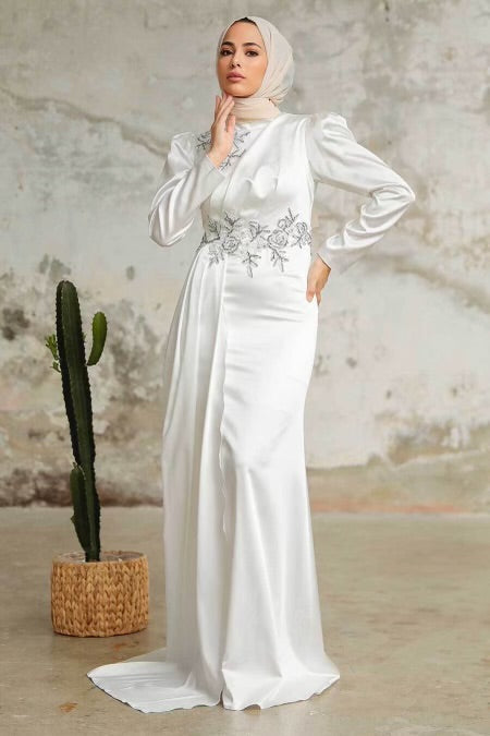 Elegant Snow White Puff Sleeves Side Draped Satin Gown with floral embellishments