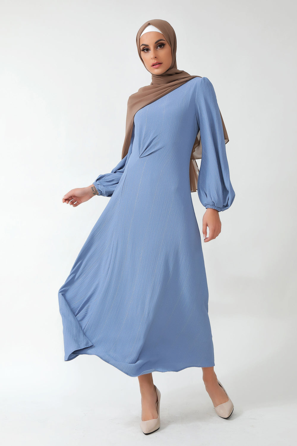 Light blue metallic pinstripe maxi dress with balloon sleeves on clearance