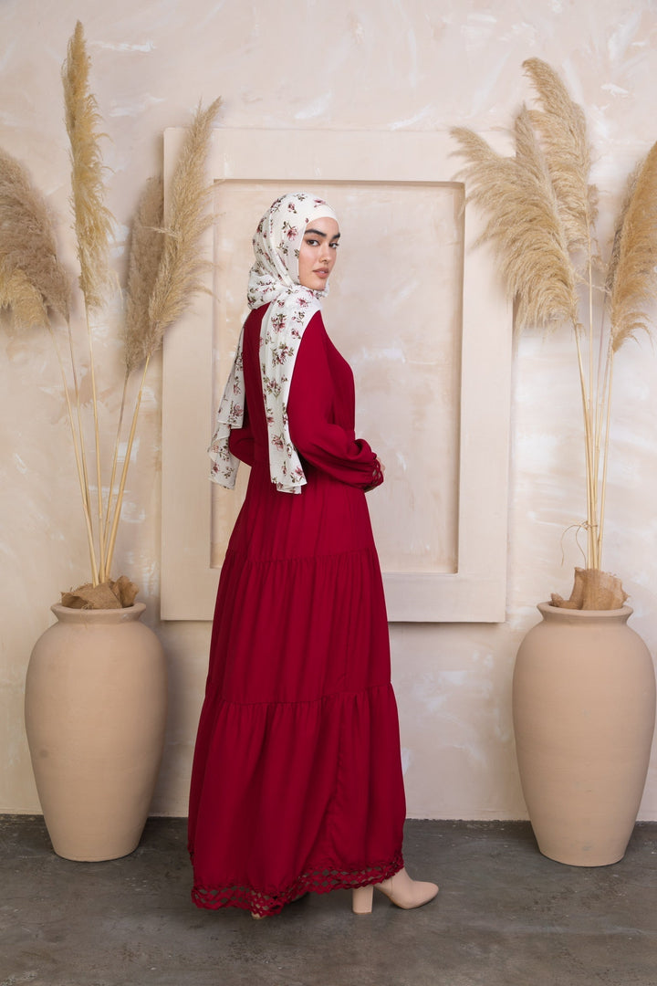 Red long-sleeved dress with floral hijab in Spiced Maroon Tiered Maxi style