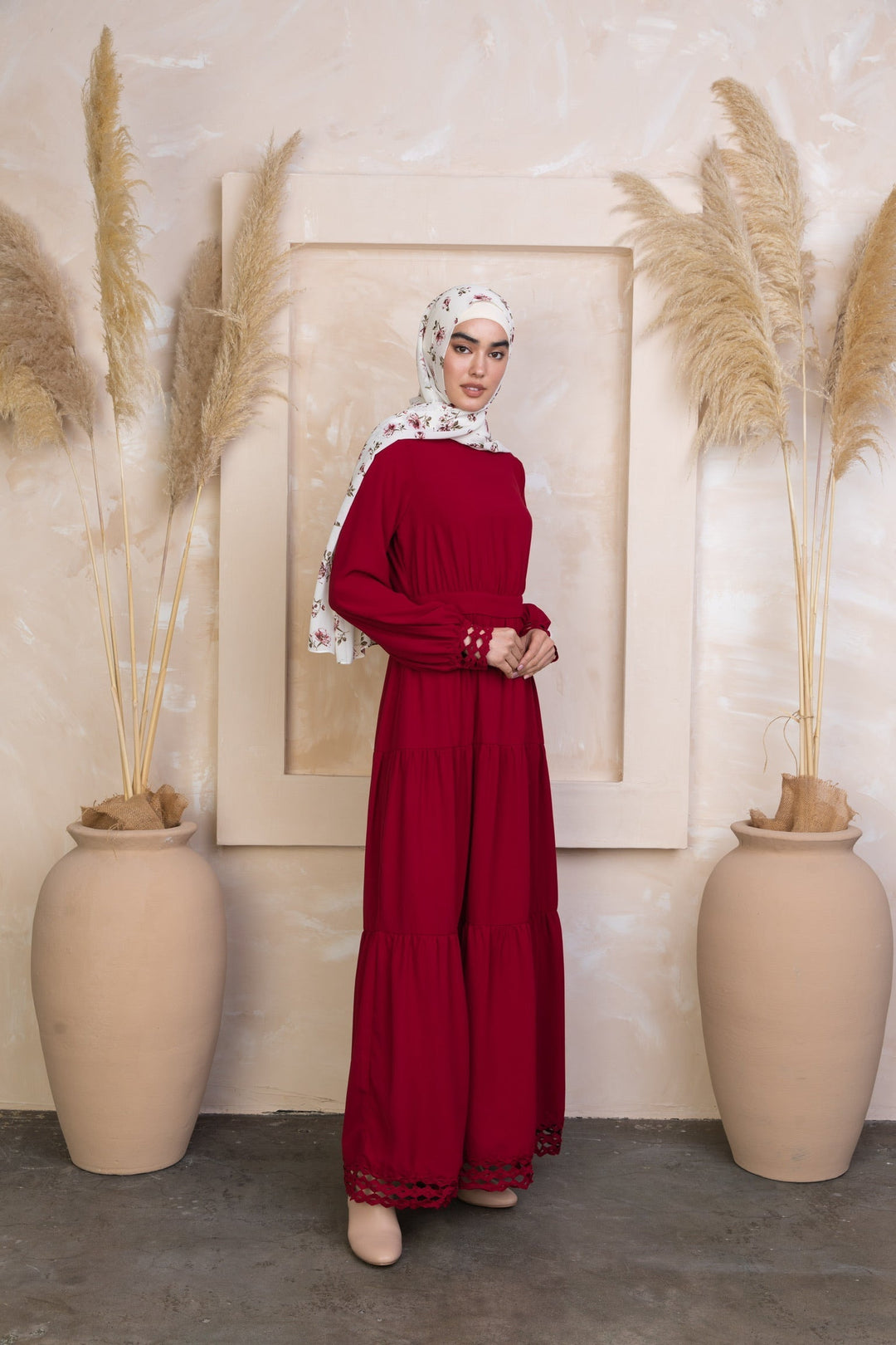 Burgundy modest Spiced Maroon Tiered Maxi Dress with floral hijab and half turtle neck