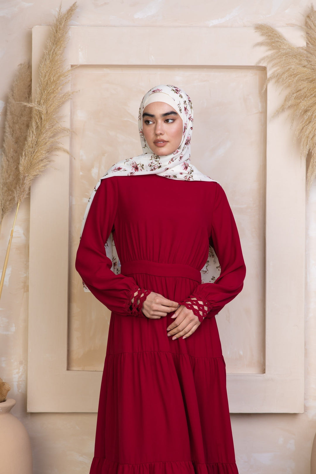 Red modest dress with floral hijab, perfect for the Spiced Maroon Tiered Maxi look