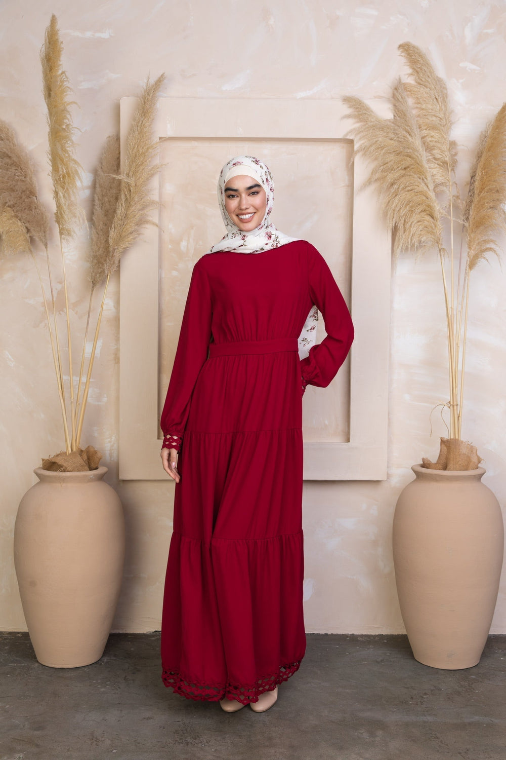 Red long-sleeved modest Spiced Maroon Tiered Maxi Dress for elegant fashion