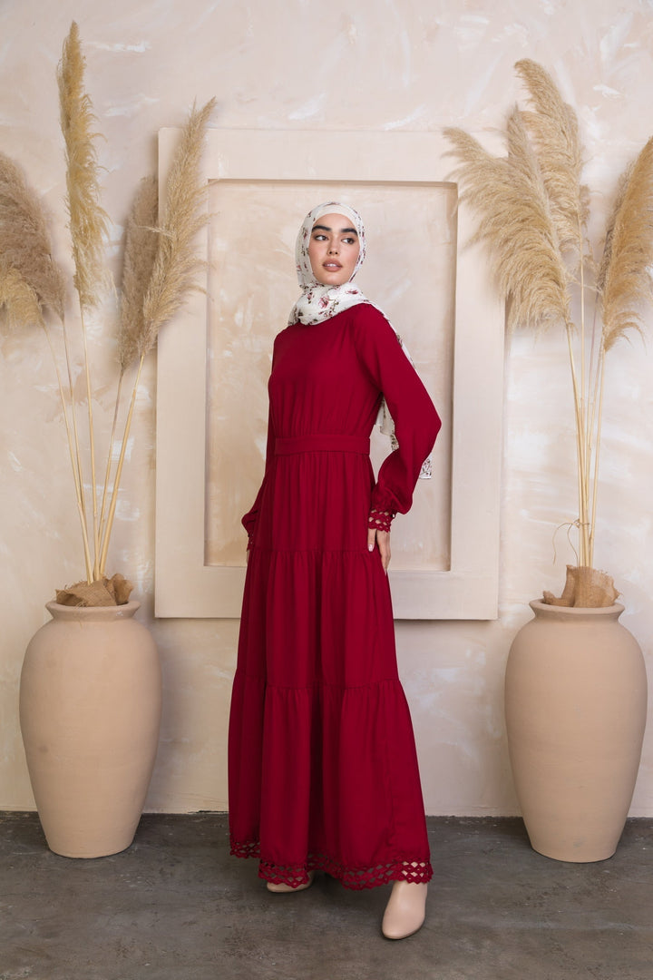 Burgundy long-sleeved Spiced Maroon Tiered Maxi Dress with matching hijab for elegant styles