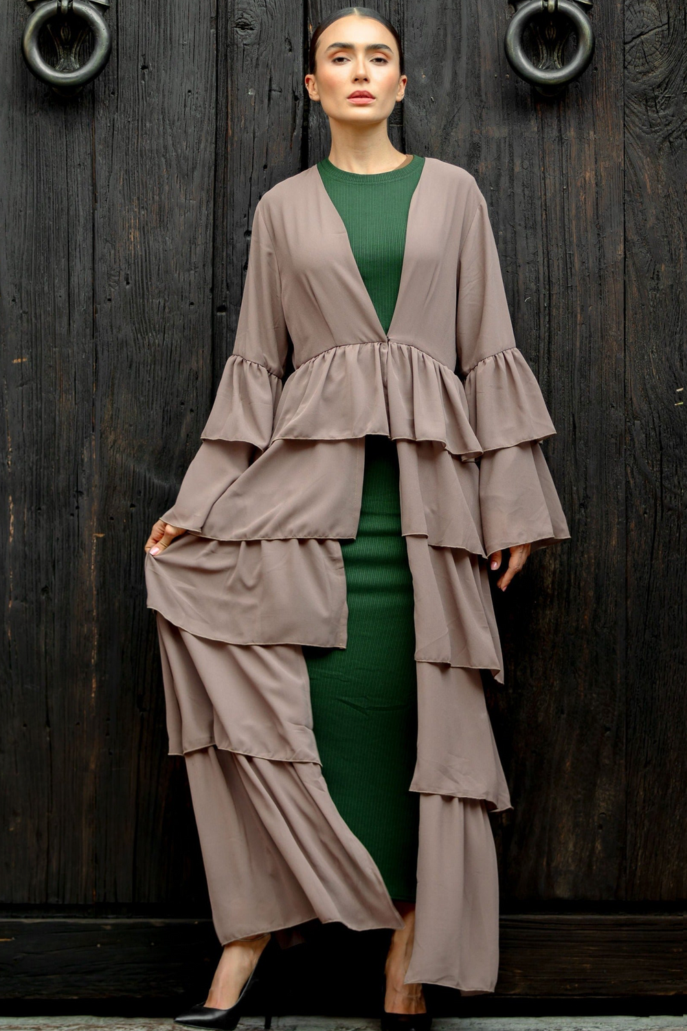 Taupe Cascading Ruffles Open Front Abaya-CLEARANCE