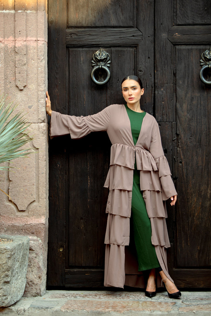 Taupe Cascading Ruffles Open Front Abaya-CLEARANCE