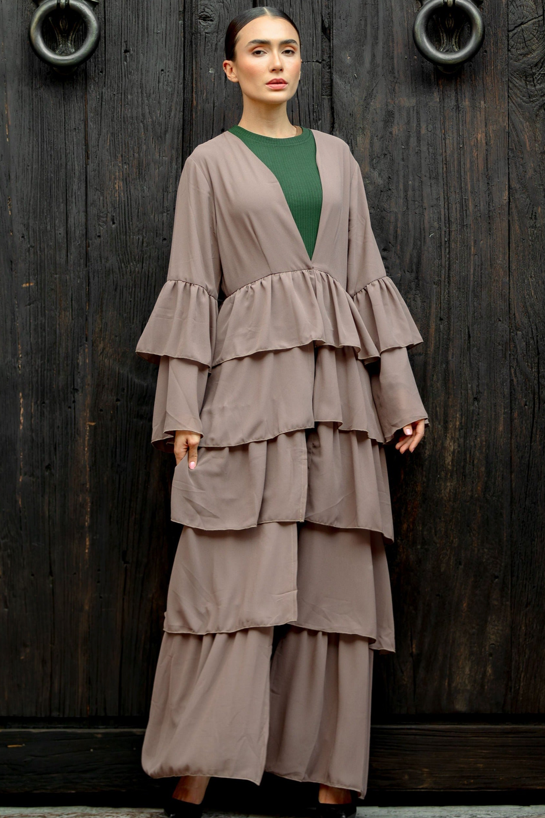 Taupe Cascading Ruffles Open Front Abaya-CLEARANCE