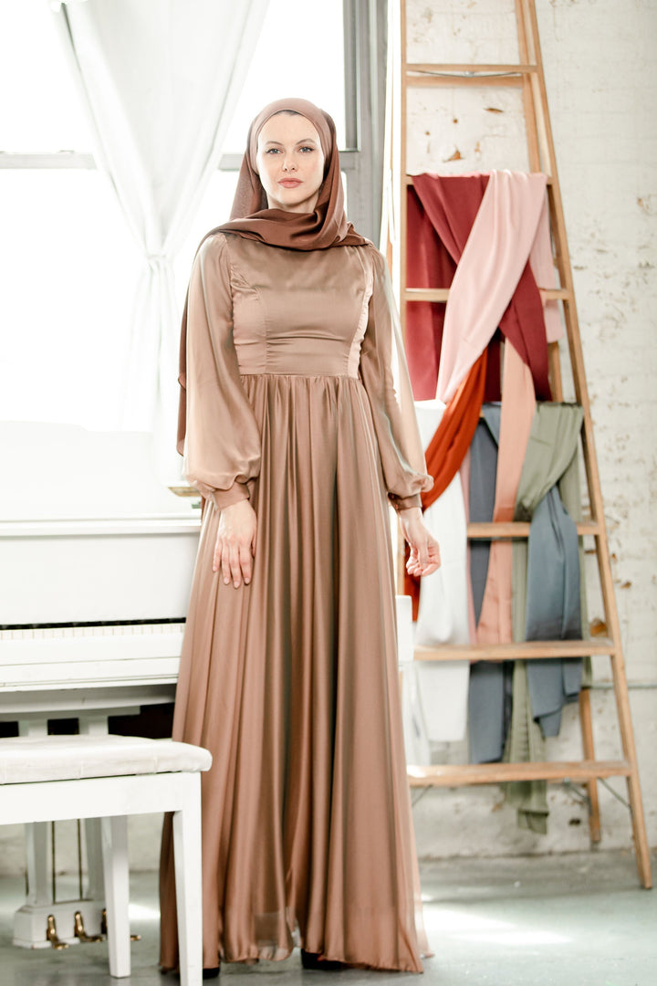 Elegant brown satin maxi dress with hijab, perfect for a special event, fully lined