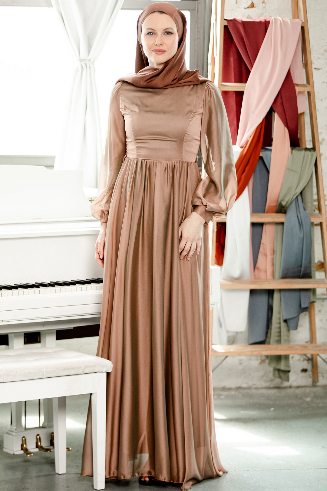 Elegant brown modest dress featuring the Taupe Inaya Satin Gown on clearance