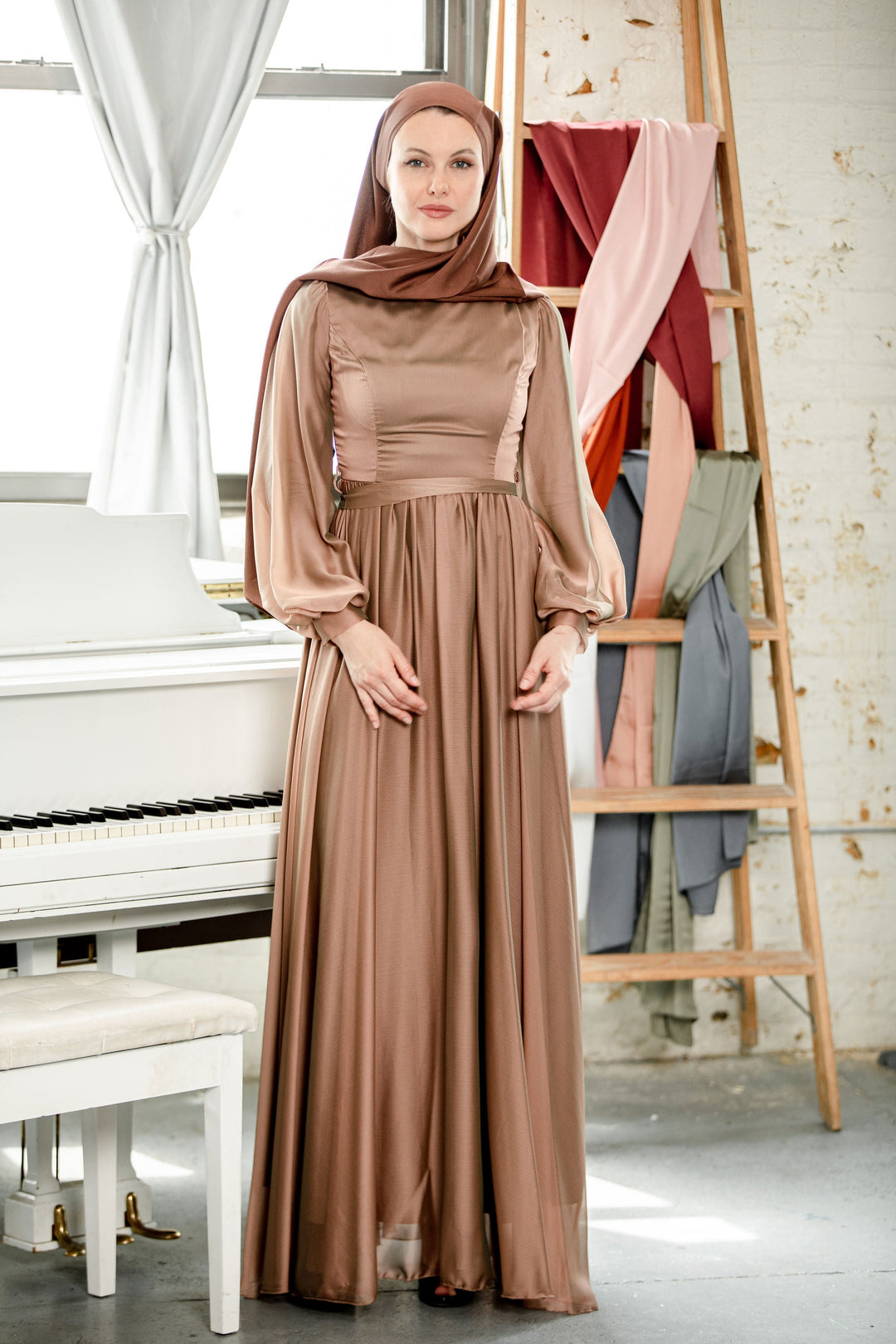 Elegant brown fully lined maxi dress with headscarf for a special event, Taupe Inaya Satin Gown