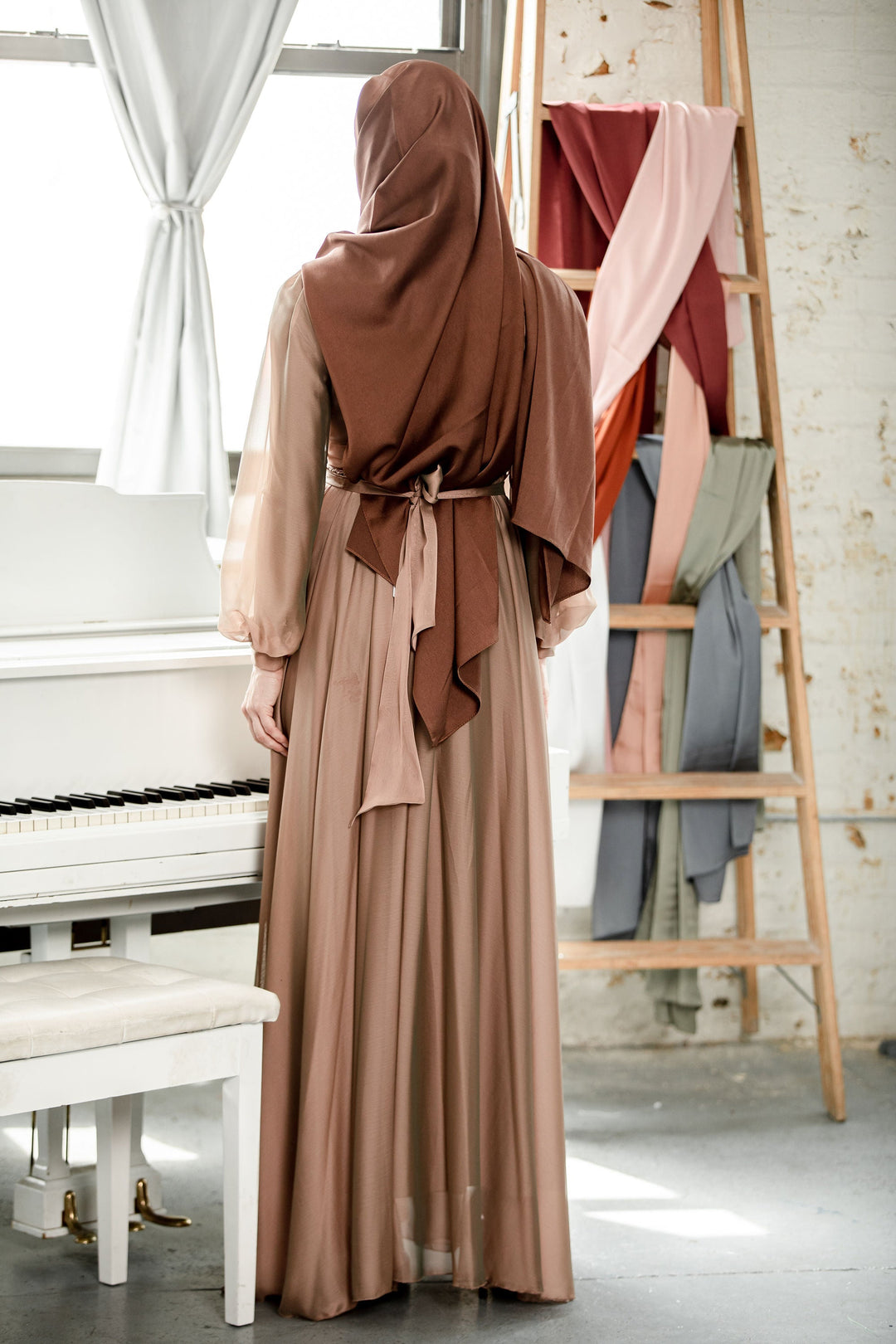 Brown modest maxi dress with hijab, perfect for a special event and fully lined