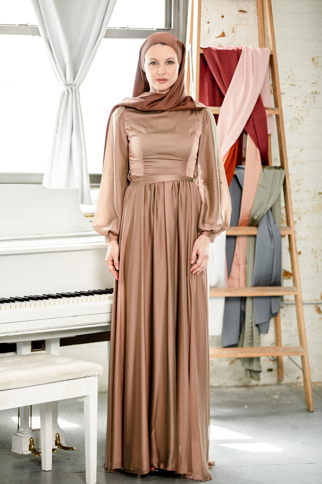 Elegant brown satin maxi dress with hijab, perfect for a special event, fully lined