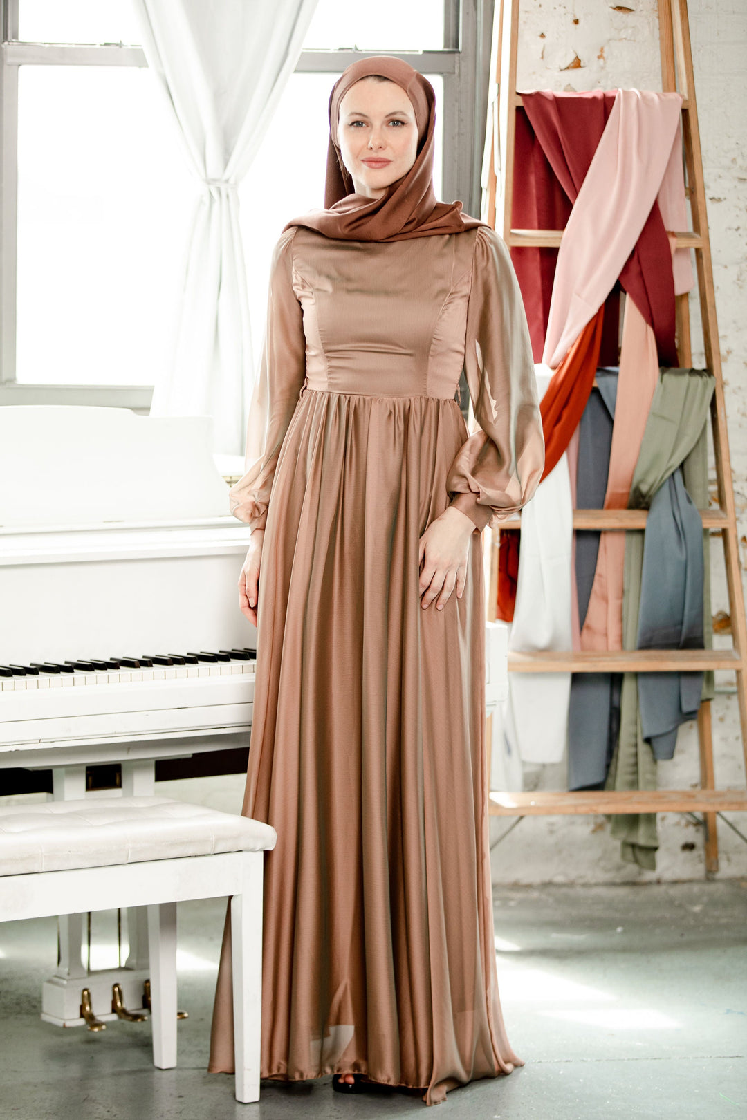 Taupe Inaya Satin Gown is a fully lined maxi dress perfect for any special event