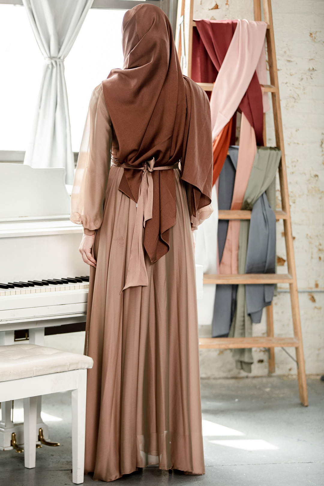 Modest taupe Inaya Satin Gown fully lined maxi dress perfect for a special event