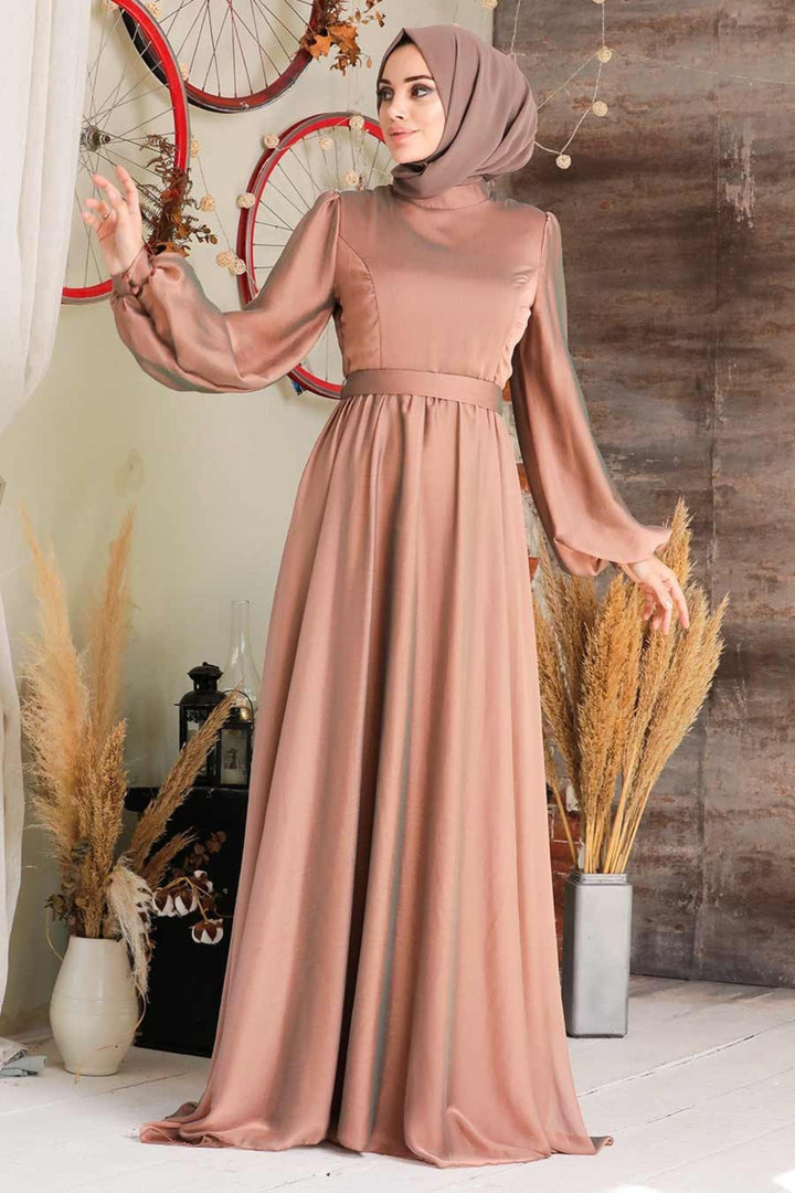 Long modest brown maxi dress with hijab, perfect for a special event and fully lined